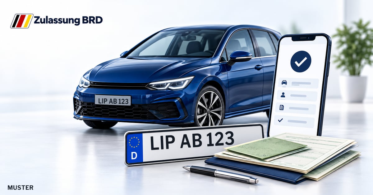 Online Fahrzeugzulassung in Barntrup: Musterkennzeichen LIP AB 123, Auto und Fahrzeugpapiere und Smartphone. Illustration mit Logo von Zulassung BRD.